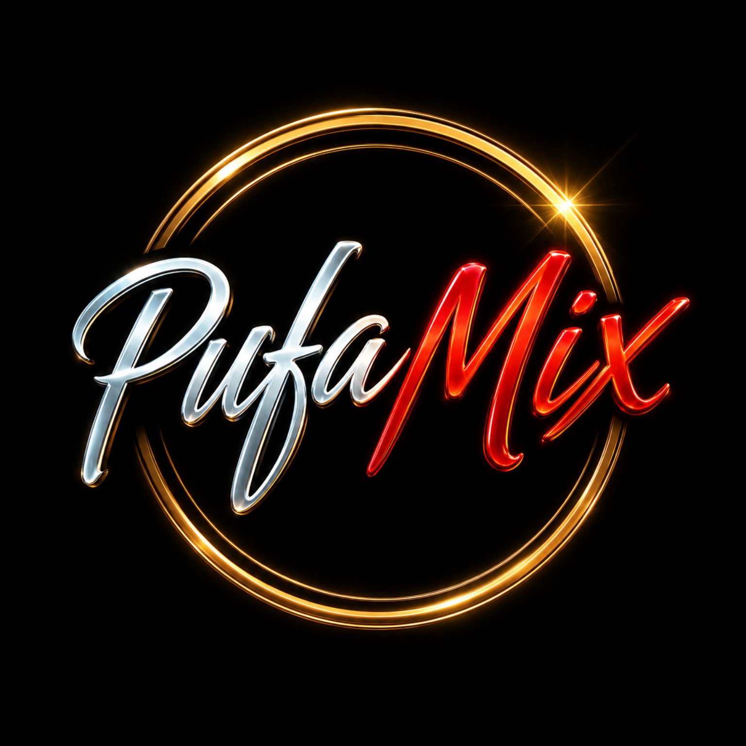 PufaMix logo in silver and red script inside a gold ring on black